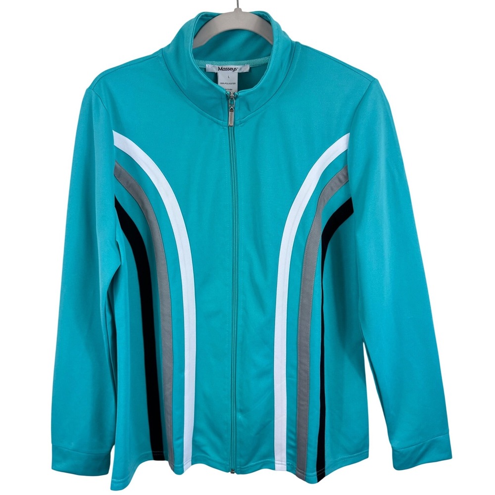 Masseys Womens Teal Full Zip Athletic Track Jacket Mock Neck‎ Striped Size L